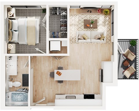 a floor plan of a studio apartment with a bedroom and living room